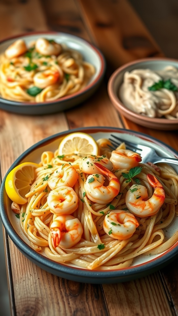 Garlic butter shrimp pasta and creamy chicken alfredo served together on plates.